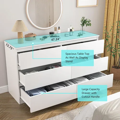 Vista 5 de Vibe & Dine Cómoda doble con 6 cajones, cómoda moderna con amplio almacenamiento para armario, dormitorio, sala de estar