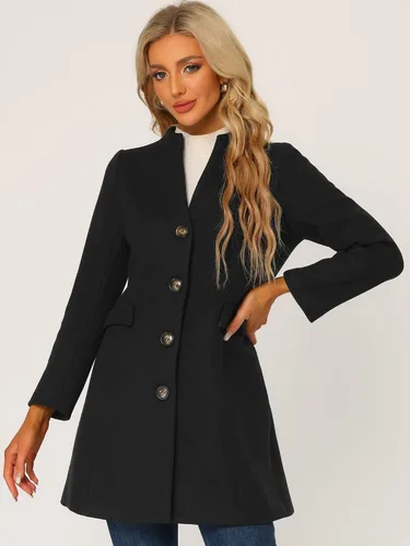 Vista 2 de Allegra K Abrigo de invierno elegante con cuello en V para mujer, abrigo largo de un solo pecho