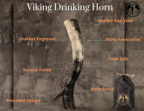 Vista 4 de Cuerno vikingo con soporte Abuey natural grabado a mano grande Seguro para alimentos Regalos vikingos nórdicos únicos para hombres y mujeres