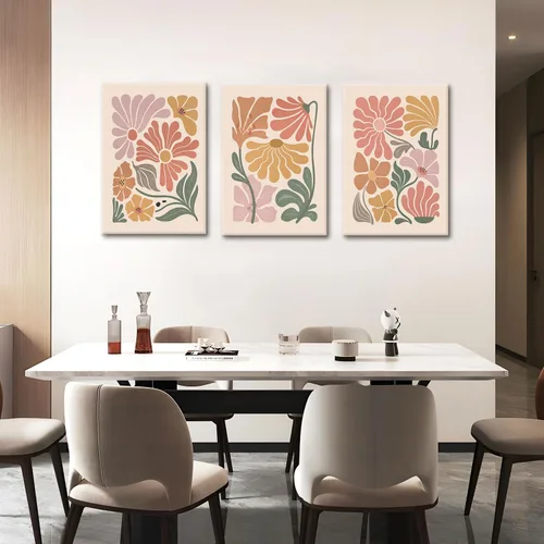 Vista 4 de TBKHUDBI Lienzo de flores bohemias para pared, impresiones florales abstractas, juego de 3 pósteres minimalistas de pintura botánica, mercado