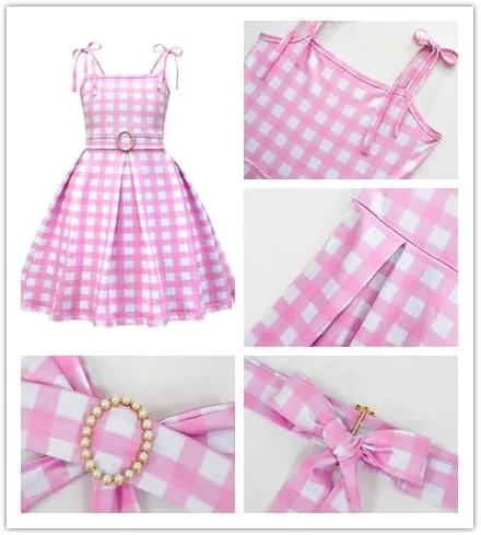 Vista 3 de Vestido de verano de princesa para niñas, disfraz a cuadros, sin mangas, con accesorios