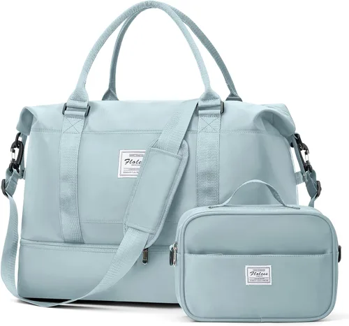 Vista 8 de Bolsas de fin de semana para mujer, bolsas de lona de viaje con compartimento para zapatos, bolsa de viaje para artículos personales, bolsa de fin