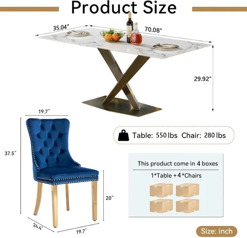 Vista 9 de Juego de mesa de comedor de mármol blanco de lujo para 4, 70 pulgadas, mesa de comedor de mármol blanco con 4 sillas de terciopelo azul y base