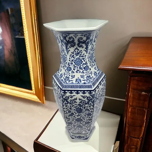 Vista 2 de 24" clásico azul y blanco hexagonal Lotus porcelana jarrón, jarrón de cerámica Jingdezhen, estilo Qing de China (D8)