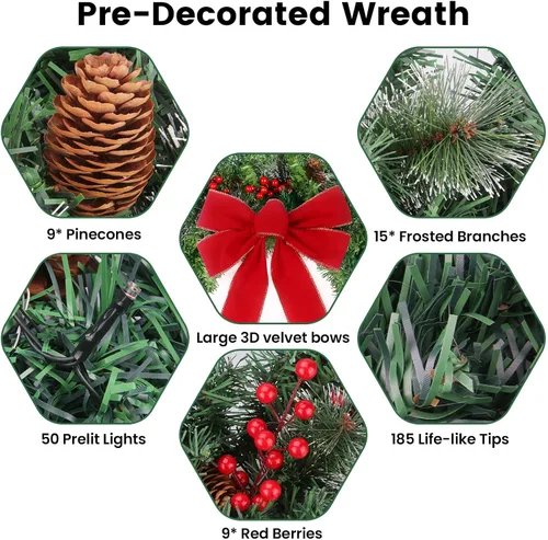 Vista 2 de Corona de Navidad Prelit de 24 pulgadas con Colgador para Puerta Delantera, Decoraciones de Navidad, 8 Modos de Luz, Impermeable, Funciona