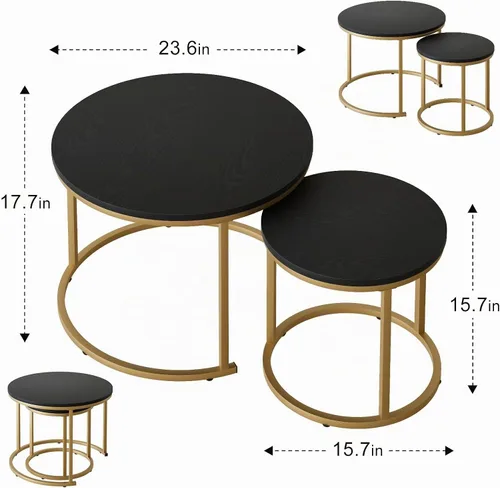 Vista 2 de Mesa de Centro Anidable, Juego de Mesa de Centro Redonda de 23.6" Set de 2, Juego de Mesas Anidables de Madera con Marco de Metal, Mesas Laterales
