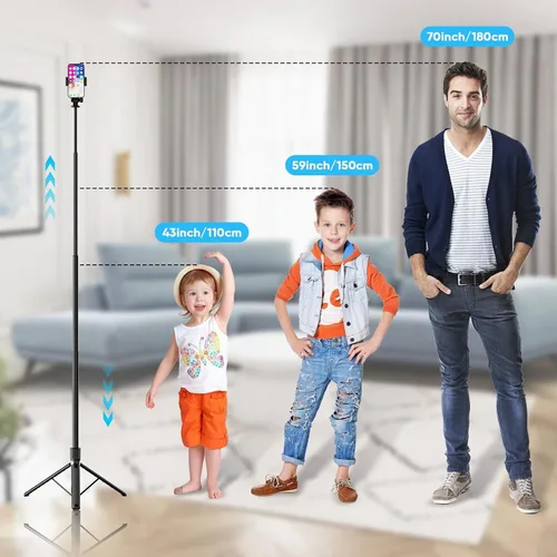 Vista 2 de Trípode extensible para teléfono de 71 pulgadas y palo selfie con control remoto inalámbrico, soporte giratorio de 360°, soporte de trípode portátil