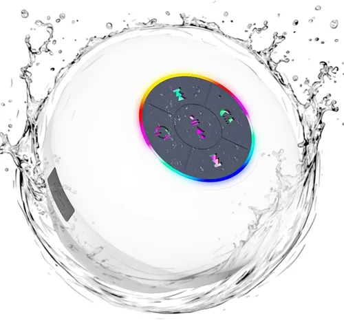 Vista 12 de Altavoz de ducha Bluetooth con LED – Altavoz mini inalámbrico portátil con micrófono y ventosa, resistente al agua IPX4 para ducha, viaje, piscina