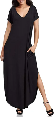 Vista 2 de Match Vestido largo con cuello en V y manga larga para mujer, con bolsillos irregulares, liso #152