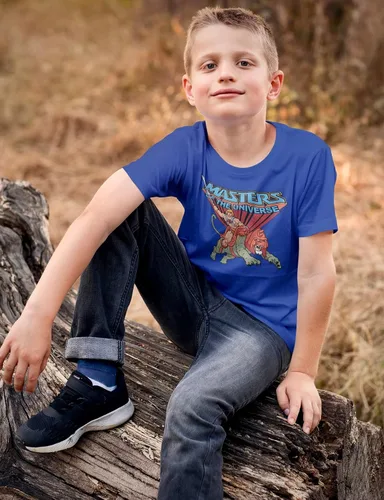 Vista 3 de Masters of The Universe TV Series He-Man Rides Into Battle - Camiseta para niños pequeños, Azul Patchwork
