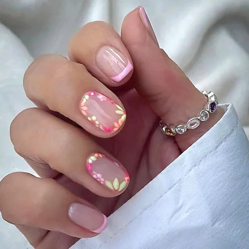 Vista 26 de Uñas postizas a presión de mariposa - Uñas falsas cortas cuadradas con diseños en relieve 3D, punta francesa blanca, acabado mate, acrílico rosa