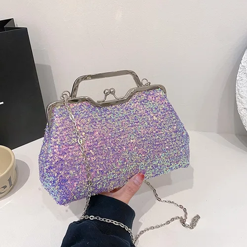 Vista 3 de Mini bolso de noche con lentejuelas con purpurina para mujer, bolso de mano de metal con asa superior, correa de cadena, bolso cruzado
