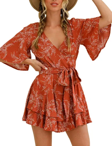 Vista 4 de Relipop Enterizo de verano para mujer, diseño floral, cuello en V, manga corta, cintura con nudo y dobladillo con volantes, overol corto casual