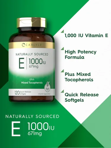 Vista 4 de Carlyle Cápsulas blandas de vitamina E de 1000 UI con tocoferoles mixtos 120 píldoras Suplemento de origen natural Fórmula sin OMG y sin