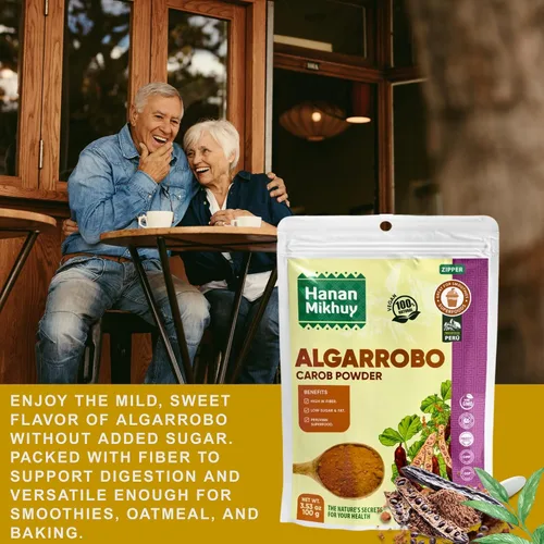 Vista 5 de HANAN MIKHUY Algarrobo en polvo 100% natural - Sin gluten, vegano, sin OMG, superalimento de alto contenido de fibra de Perú sin cafeína y sin