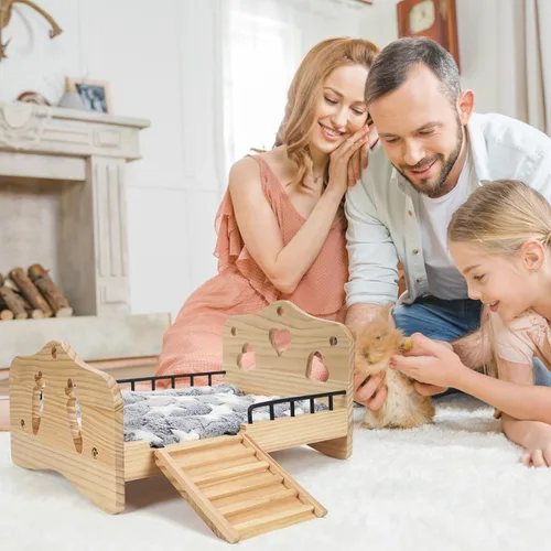 Vista 7 de Cama de madera para conejos, 2 en 1 Cama para conejos y cobayas Desmontable Cama para animales pequeños con escaleras Estera reversible lavable