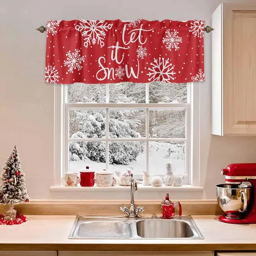Vista 77 de Cenefa de cortina con lazo rojo de Navidad para ventanas, sala de estar, cocina, baño, granja, bolas de Navidad de acuarela con diseño de bayas
