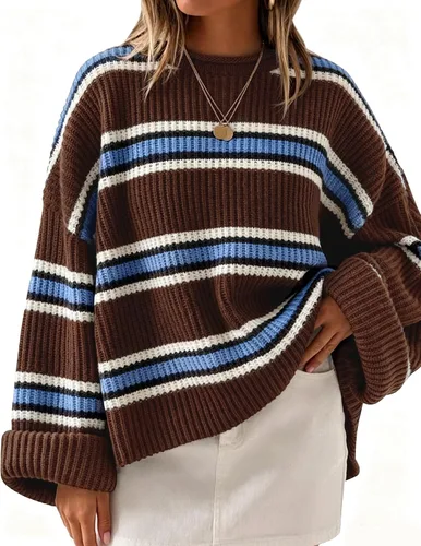 Vista 16 de ZESICA Suéter de manga larga con cuello redondo, bloque de color a rayas, holgado y cómodo, tejido de punto para mujer, otoño 2026 Rayas negras