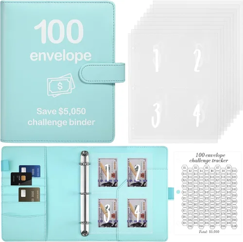 Vista 19 de Carpeta de presupuesto con 100 sobres para el desafío de ahorro de dinero con rastreador laminado, carpeta de presupuesto con sobres de efectivo