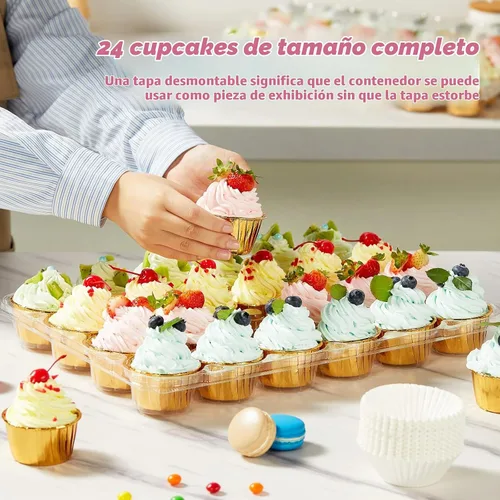 Vista 3 de Gencywe (24 paquetes x 10 juegos) Portadores apilables para cupcakes con 240 forros para cupcakes, cajas de plástico soportes para cupcakes para 24