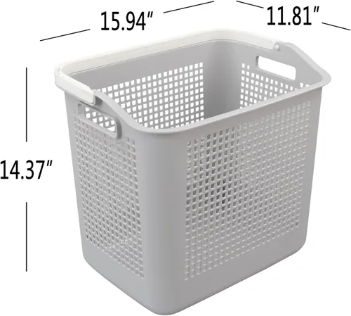 Vista 2 de Paquete de 4 cestas de plástico para ropa sucia de 35 L, cesta de almacenamiento con asa, color gris
