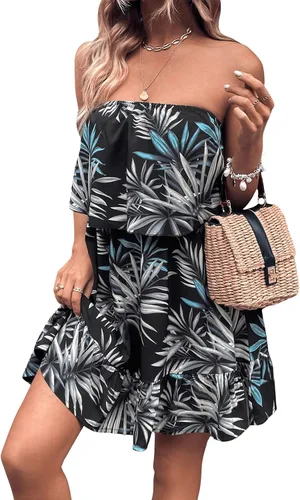 Vista 5 de SOLY HUX Vestido de verano floral para mujer, estilo casual, estampado de hojas tropicales, sin mangas, dobladillo con volantes, mini vestido de tubo
