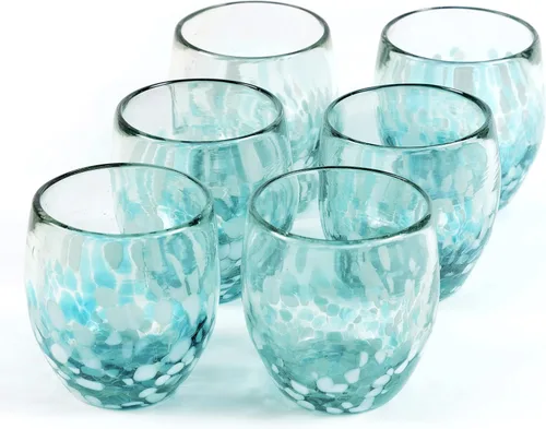 Vista 8 de Vasos mexicanos soplados a mano de 9 oz para beber - Juego de 6, 9 onzas líquidas cada uno, borde aguamarina