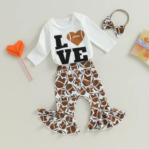 Vista 2 de BULINGNA 3Pcs Infant Baby Girl Football Season Outfits Love Bodysuit Romper Heart Shape Football Flared Pants with Headband