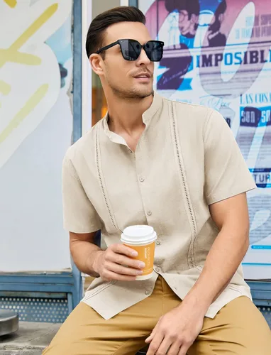 Vista 4 de Ryannology Camisas guayabera de lino de manga corta con botones para hombre, estilo casual, playa, campamento cubano, camisa mexicana para hombre