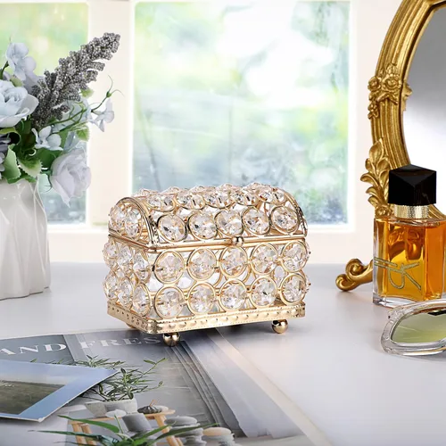 Vista 3 de ELLDOO Joyero de cristal, caja organizadora de aretes, anillos, decoración del hogar, caja decorativa con tapa, regalo dorado para San Valentín
