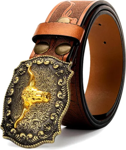 Vista 8 de Rodeo Western-Longhorn-Bull Cowboy-Belt para mujeres y hombres, cinturón de piel sintética con relieve floral para jeans