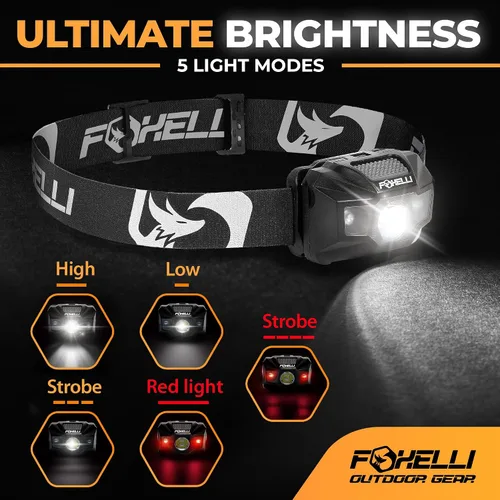 Vista 2 de Foxelli Linterna frontal LED recargable USB‑C – Ultraligero 2.4 oz y brillante 180 lúmenes – Luz roja/blanca, 5 modos, IPX5 impermeable, 40 horas