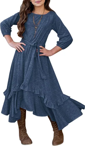 Vista 8 de MITILLY Vestido largo maxi suelto liso de manga 3/4 casual con bolsillos y volantes estilo swing con cinturón para niñas 01 Azul oscuro fultter