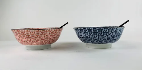 Vista 4 de JapanBargain 4694 - Juego de 2 cuencos de sopa y cucharas japonesas grandes de porcelana japonesa, cuencos de ramen con patrón de gato de la suerte