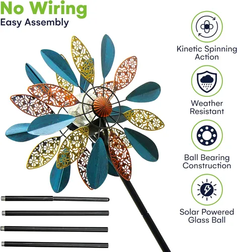 Vista 6 de Molinillos de viento de 75 pulgadas Arabesque - Funciona con energía solar con bola de vidrio LED multicolor - Molinillo de viento cinético de metal