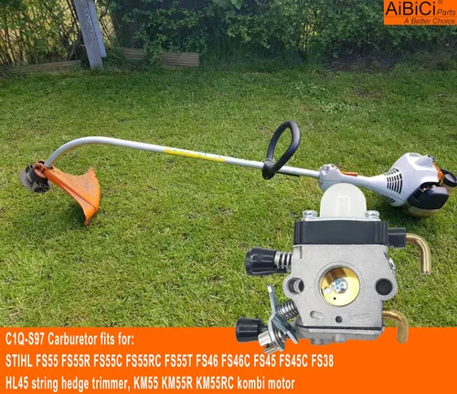 Vista 2 de Carburador C1Q-S97 FS38 FS55R para Stihl FS55 FS45 FS46 KM55 HL45 FS45L FS45C FS46C FS55C FS55RC Recortador de malezas con filtro Ari Kit