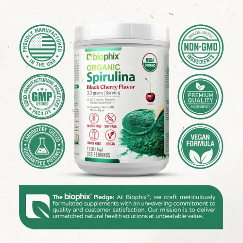 Vista 7 de biophix Polvo orgánico de espirulina de 2.2 libras, sabor a cereza negra, superalimento rico en proteínas, rico en nutrientes, potente antioxidante