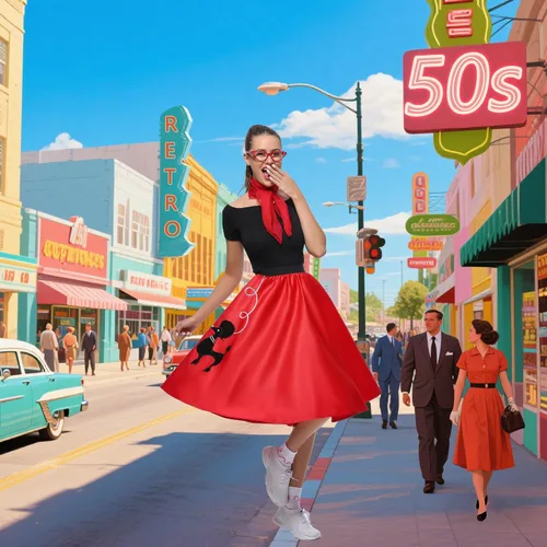 Vista 4 de Disfraz de Sock Hop para Mujer, Disfraz de Vestido de Caniche de los Años 1950 para Adulto, Falda de Caniche de los Años 50 con Gafas, Bufanda