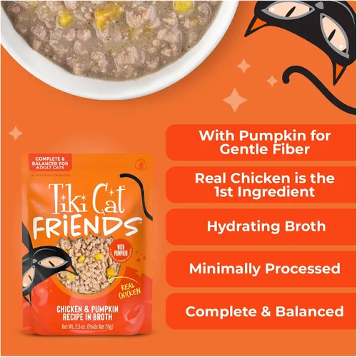 Vista 7 de Tiki Cat Aloha Friends Alimento húmedo y sin cereales para gatos de todas las edades, recetas de pollo con calabaza, sobres de 2.5 onzas