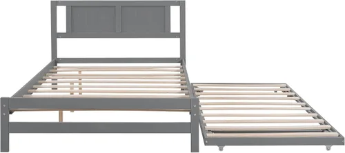 Vista 7 de Harper & Bright Designs Base de cama de tamaño matrimonial con nido ajustable, cama de plataforma matrimonial de madera con cabecero, marco de cama