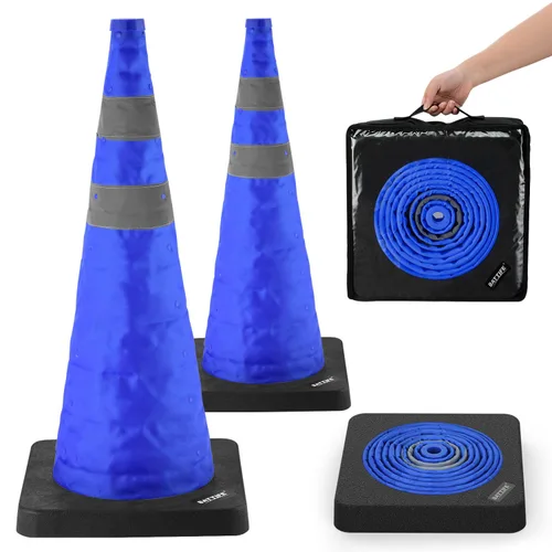 Vista 14 de BATTIFE [1 Paquete] Conos azules plegables de seguridad de tráfico de 28 pulgadas con base negra pesada, conos emergentes multiusos con collar