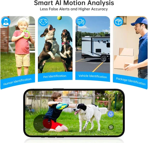 Vista 8 de Cámaras de seguridad Recmoment inalámbricas para exteriores, visión nocturna a color 2K, detección de movimiento de IA, foco, sirena, alarma, WiFi