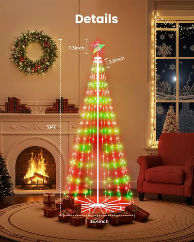 Vista 5 de Luz de Árbol de Navidad en Forma de Cono, 7 pies, 295 Luces LED, Espectáculo de Luces de Árbol de Navidad con 8 Modos, Temporizador, Control Remoto