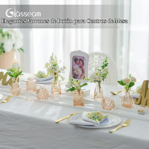 Vista 4 de Glasseam Jarrones de cristal para centros de mesa: pequeño jarrón de flores, juego de 4 mini jarrones vintage para flores, jarrón de centro de mesa