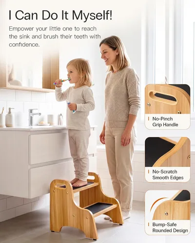Vista 2 de StrongTek Paquete de 2 taburetes de madera de 2 escalones para niños y adultos, superficie antideslizante, almohadillas antideslizantes para pies