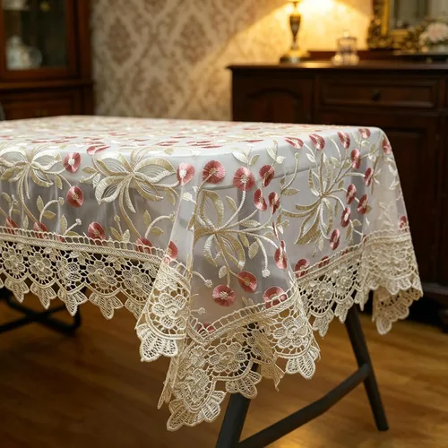 Vista 5 de Mantel de encaje rectangular elegante bordado para boda, banquete, fiesta de cumpleaños, mesa de comedor formal, cubierta a prueba de polvo