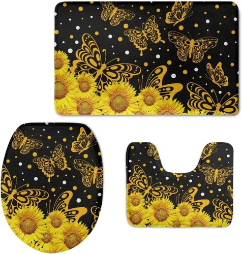 Vista 15 de HUGS IDEA Alfombra de baño, alfombra de baño, alfombra de baño, diseño de bandera estadounidense, mariposa, floral, juego de tapetes de baño