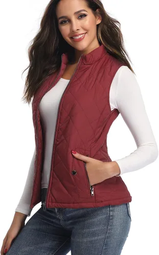 Vista 4 de LONGKING Chaleco de mujer, cuello alto, ligero, con cremallera, acolchado para mujer