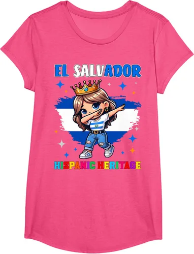 Vista 14 de Camiseta infantil El Salvador Dabbing Girl Hispanic Heritage Celebration, Negro