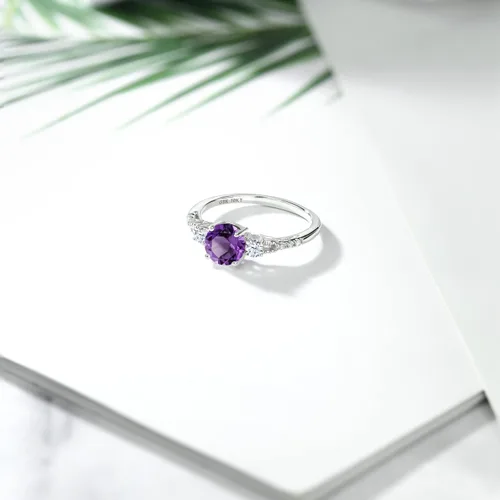 Vista 77 de Gem Stone King Anillo de compromiso de 3 piedras preciosas redondas de oro blanco de 10 quilates con piedra natal de 0.236 in con piedra natal